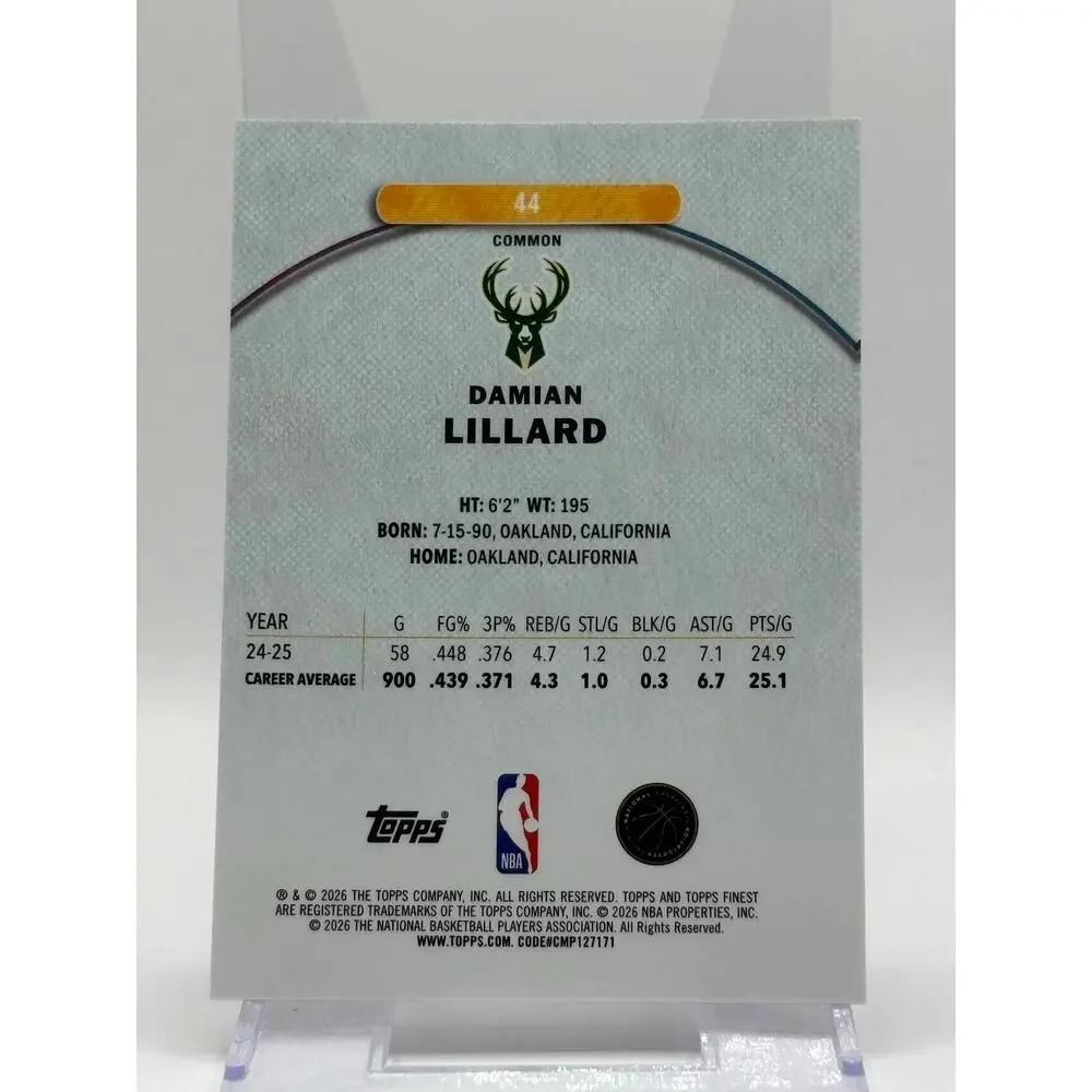 2025-26 Topps Finest Damian Lillard Red Black Geometric Refractor 3/25 SP Bucks - Picture 2 of 2